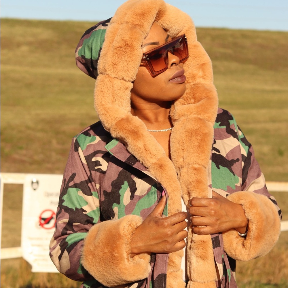 Camo Faux Fur Hooded Coat